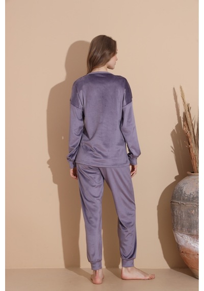 Lukitus Kadife Uzun Kol Kadın Pijama Takımı Gri