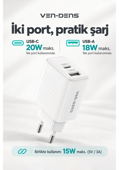 Ven-dens Vd-tc019bac01 20 W Type-c Ve 18 W Usb-a Hızlı Şarj Adaptörü, 1 Metre 60 W Pd Type-c, Beyaz