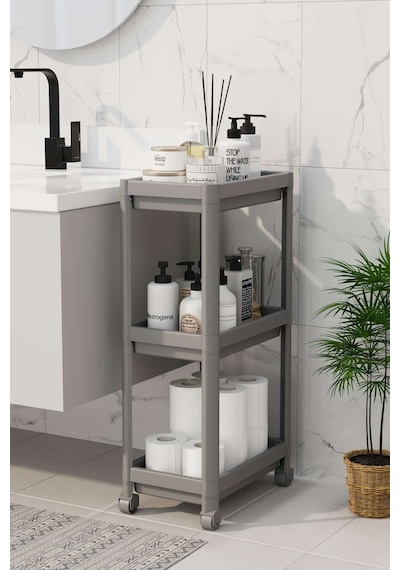 3 Katlı Banyo Raf Ünitesi Peggy Beyaz Banyo Düzenleyici Şampuanlık Havluluk Dolap Gri Gri