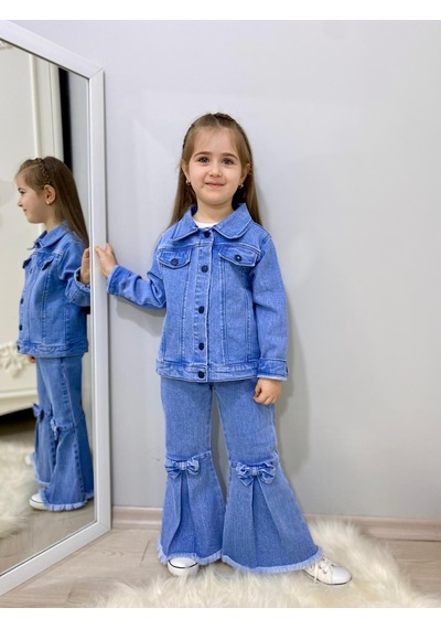 Modavals Fiyonk Detaylı İspanyol Paça Kot Pantolon & Kot Ceket & Badi Kız Çocuk Kombin Çok Renkli Modavals Fiyonk Detaylı İspanyol Paça Kot Pantolon & Kot Ceket & Badi Kız Çocuk Kombin Çok Renkli