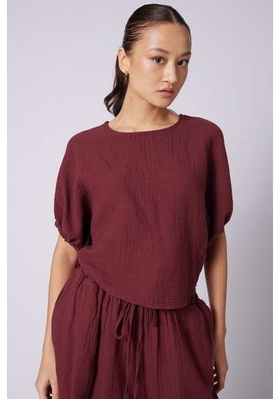 Kabarık Kollu Pamuklu Bluz Bordo