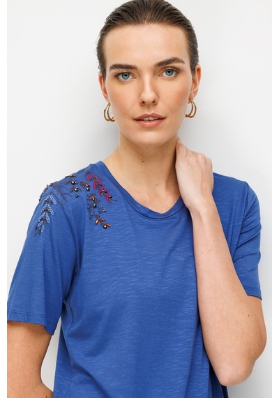 Kadın Sıfır Yaka Tek Omuzu Nakışlı Penye T-shirt İndigo İndigo