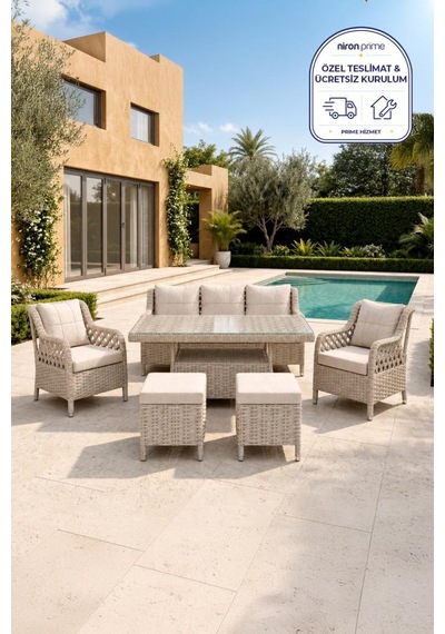 Niron Grand 3'lü Rattan Alüminyum Bahçe Oturma Grubu - Cappucino Temperli Cam Set 3+1+1+puf Diğer Niron Grand 3'lü Rattan Alüminyum Bahçe Oturma Grubu - Cappucino Temperli Cam Set 3+1+1+puf Diğer