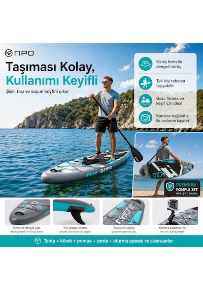 Npo Aqua Gray 350x84x15cm Şişme Military Sup Paddle Board 196kg Kürek Pompa Çanta Koltuklu Full Set