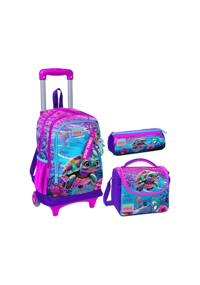 Coral High Pembe Mor Kaplumbağa Üçlü Çekçek Işıklı Tekerlekli Çanta Seti - Kız Çocuk