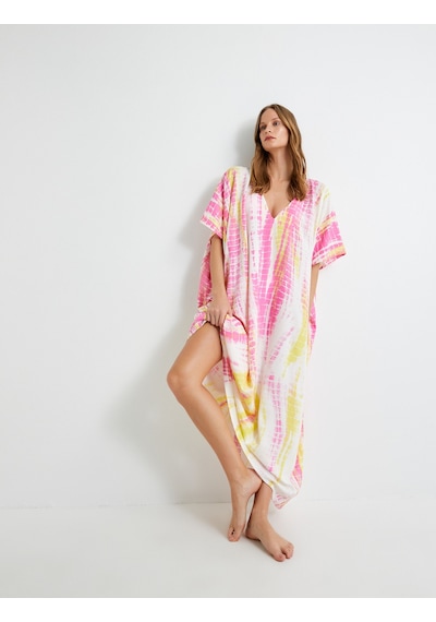 Koton Uzun Plaj Elbisesi Oversize Batik Desenli V Yaya Viskoz Kumaş Pembe Desenli 4sak80012mw Pembe