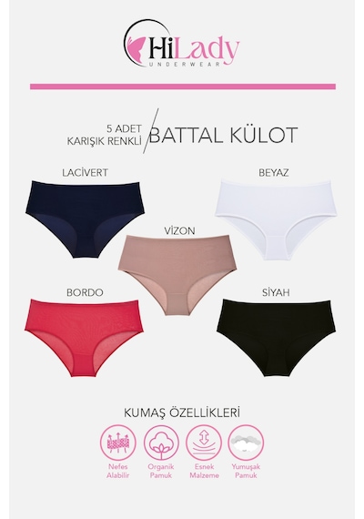 Kadın Külot, Orta Yüksek Bel Büyük Beden Külot 4xl-5xl-6xl 5 Adet, Yumuşak Pamuklu Rahat Kumaş Siyah - Bordo - Lacivert