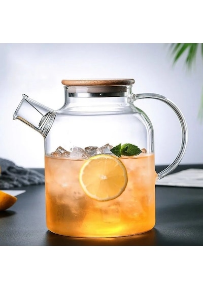 Morponi Ateşe Dayanıklı Borosilikat Cam Bambu Kapaklı Bitki Çayı Demliği & Sürahi 1800 Ml Şeffaf