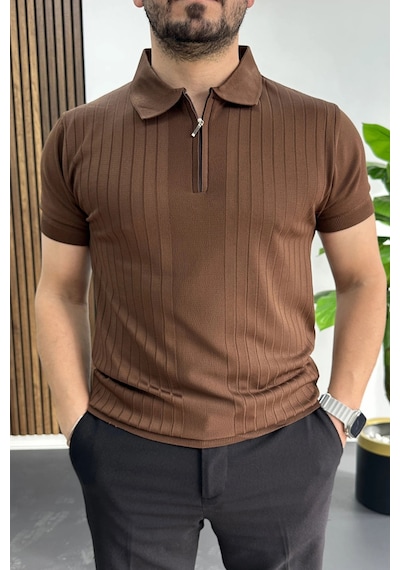 Erkek Çizgi Desenli Polo Yaka Kahverengi Edw458 Kahverengi