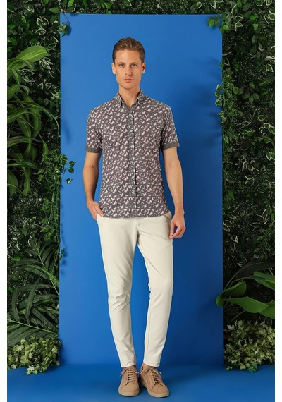 Efor Slim Fit Düğmeli Yaka Desenli Kısa Kol Pamuk Füme Gömlek G 1504 Füme