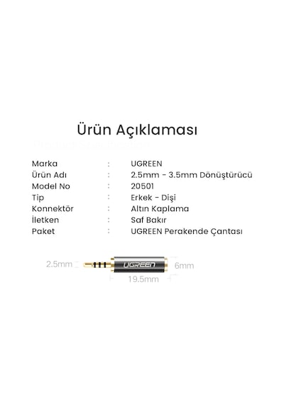 Ugreen 2.5 Mm To 3.5 Mm Jack Dönüştürücü, 20501