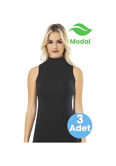 Tezzgelsin Kadın 3'lü Sıfır Kol Balıkçı Yaka Modal Atlet Siyah