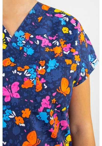 Unisex Butterfly Desenli Likralı Doktor Hemşire Tek Üst Forma Scrubs Greys Renkli Renkli