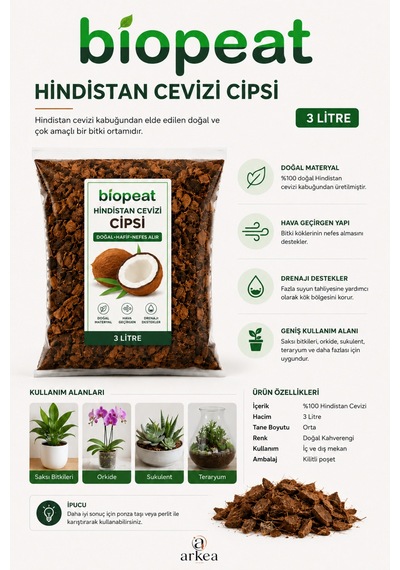 Hindistan Cevizi Cipsi Coco Husk 3 Litre Orkide Ve Saksı Bitkileri İçin 1000