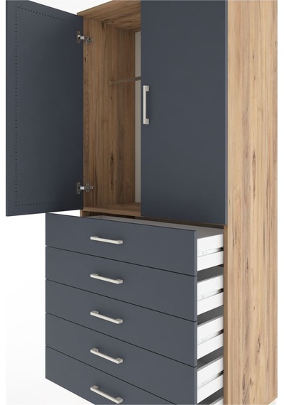 Hyperion Dolap Tek Raflı 5 Çekmeceli Tek Askılı 88x44x195 Çam... Çam