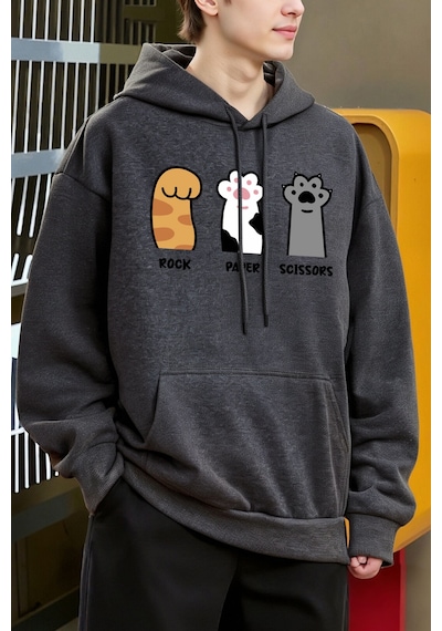 Startmore Startmoretaş Kağıt Makas Kedi Pençeleri Tasarım Erkekler Hoody Cep Rahat Kapüşonlular Moda Sonbahar Ka Antrasit