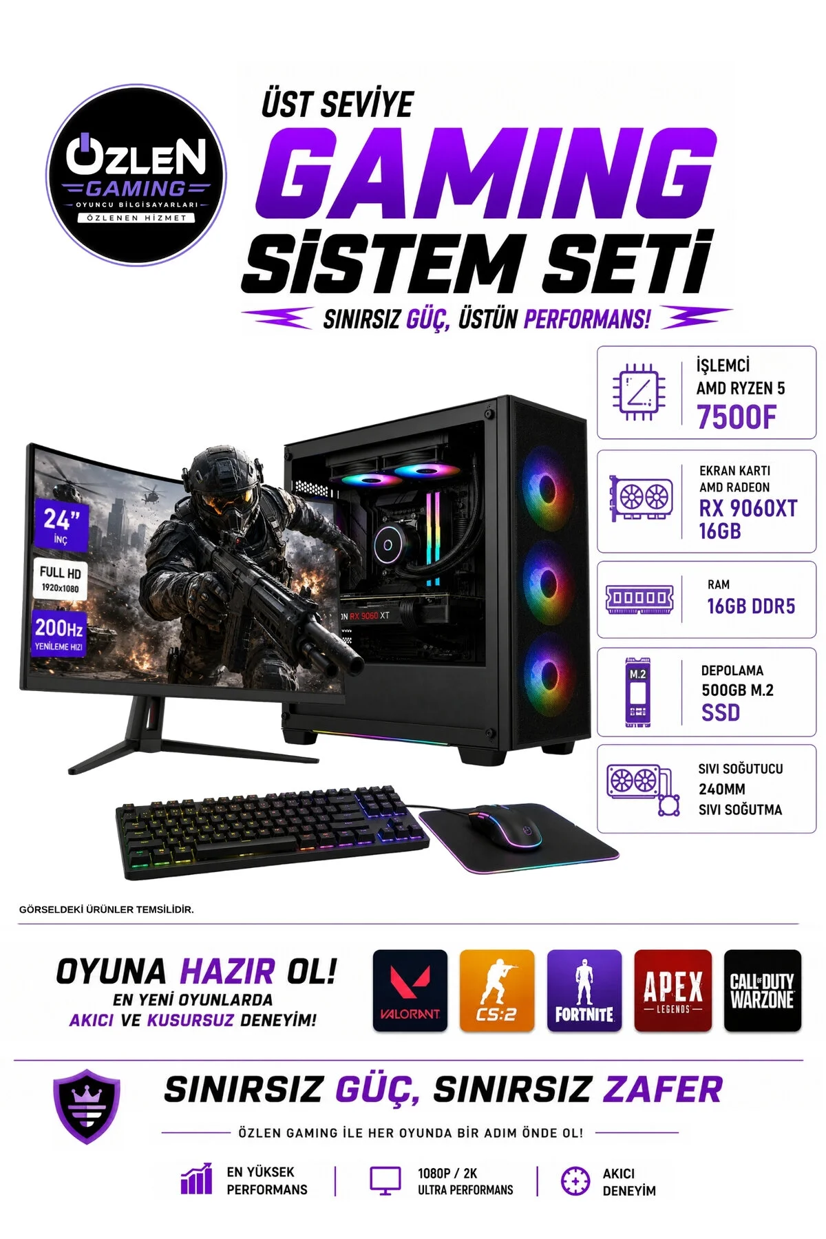 Özlen XL7 OZLN-AMD5-5061-16-500 Reyzen 5 7500F 16 GB 500 GB SSD 16 GB RX 9060 XT 24''W11P FHD Masaüstü Oyuncu Bilgisayarı
