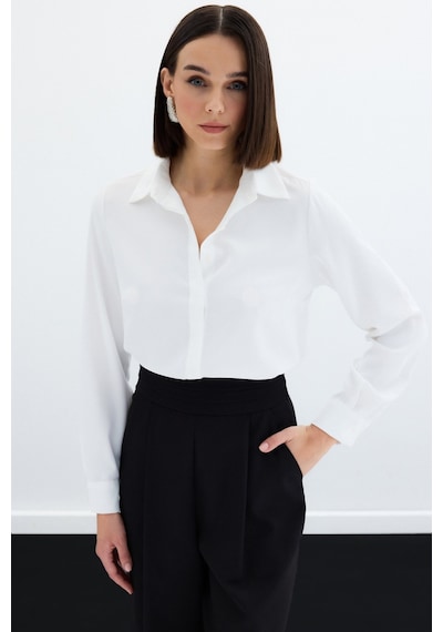 Sateen Klasik Düz Gömlek - Ekru