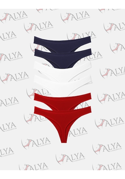 Alya Underwear Kadın Tanga Külot, Pamuklu String, Lacivert Kırmızı Ekru 6'lı Paket Çok Renkli A02