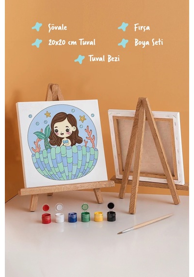 Deniz Kızı Ve Midye Boyama Tuvali Şövaleli Boya Seti 20x20
