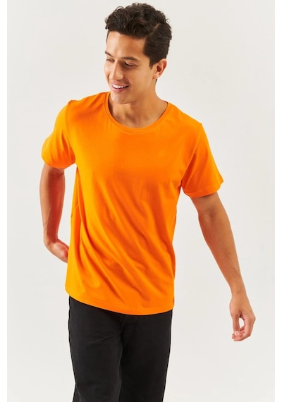 Erkek Oversize Rahat %100 Pamuklu Penye Bisiklet Yaka Kısa Kol Basic T-shirt Turuncu