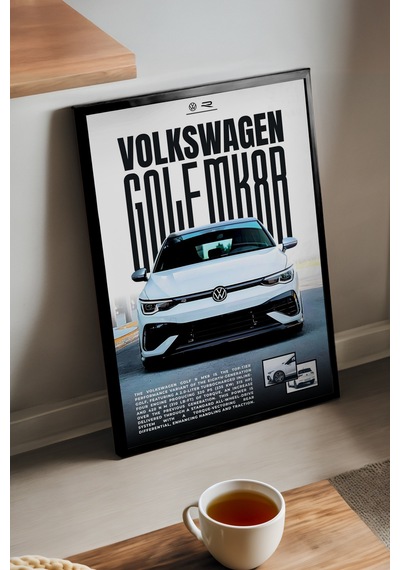 Volkswagen Golf Mk 8 R Siyah Ahşap Çerçeveli Poster, Dekoratif Araba Duvar Tablosu