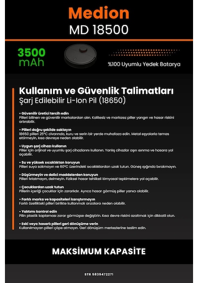 Medion MD18500 3500mAh Robot Süpürge Bataryası
