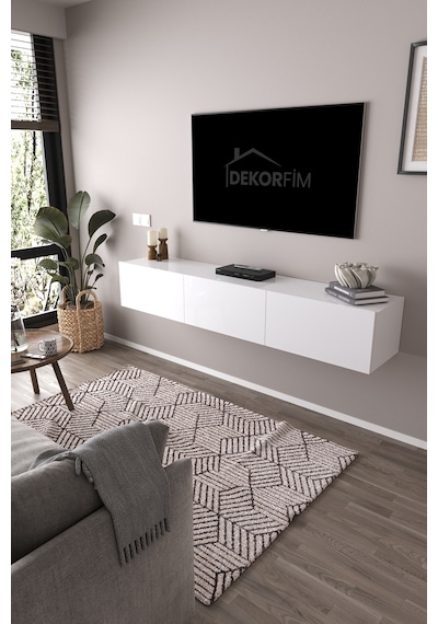 Df17103 Dolaplı Duvara Monte Tv Ünitesi 180 Cm Modern Askılı Dekoratif Stil Tv Sehpası Beyaz