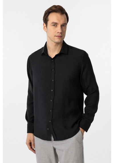 Süvari Siyah Slim Fit Düz Klasik Yaka Gömlek-34097 Siyah