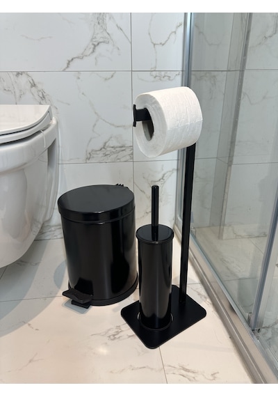 lyla concept Lilyum Banyo Tuvalet Kağıtlık Askılı Fırçalı Ve Çöp Kovası Seti Siyah