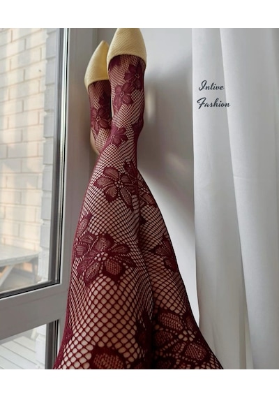 Intive Fashion Jane Büyük Çiçek Desenli File Modern Külotlu Çorap Bordo-siyah Bordo