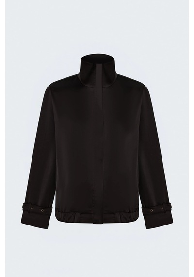 Sateen Saten Kumaş Dik Yaka Bomber Ceket Kahverengi