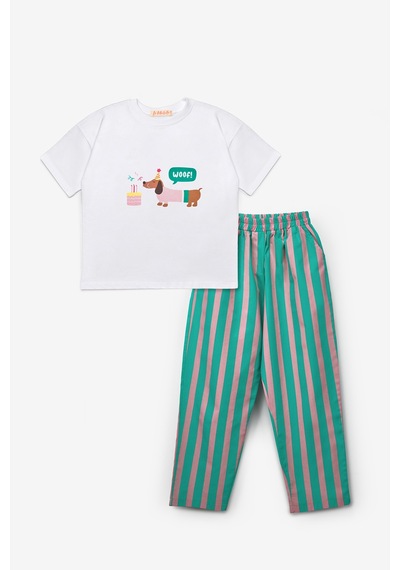 Le Mabelle Mint Parti Baskılı Çizgi Desenli Çocuk Tişört Pantolon Takım - Edna Mint