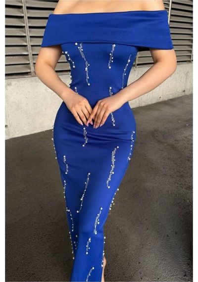 DefyModa Kadın Scuba Esnek Kumaş Straplez Taş Detaylı Abiye Elbise Lacivert