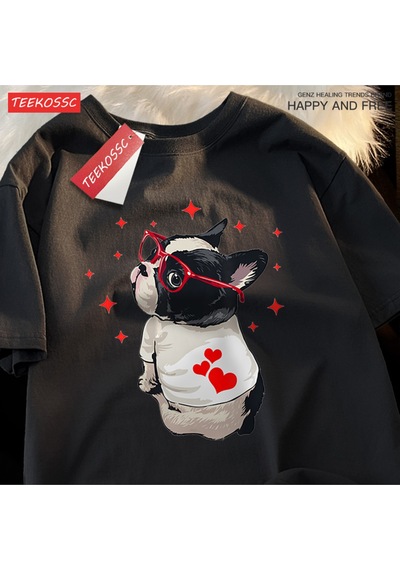 Startmore Y2k Vintage Tişört Tee Sevimli Köpek Geri Bakmak Baskı Siyah