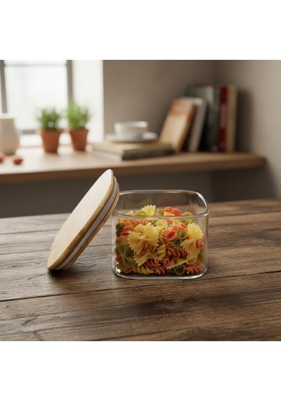 400 Ml Bambu Kapaklı Kare Cam Saklama Kabı - Dikey Çizgili Rölyef Desenli Vakumlu Kahvaltılık Ve Erzak Kabı 10x10x6 Cm Çok Renkli