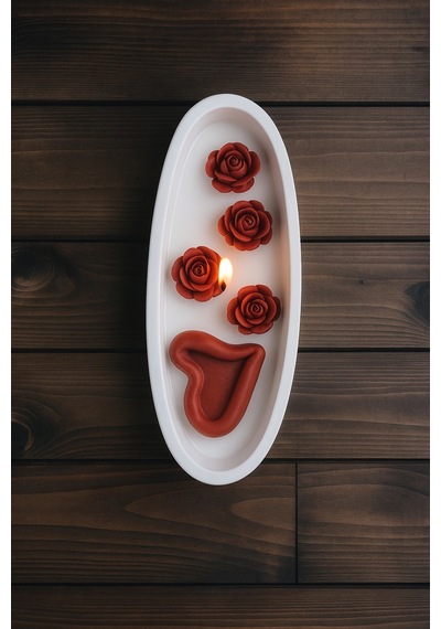 Oval Seramikte Kalp Ve Gül Figürlü Romantik Mum El Yapımı Dekoratif Beyaz