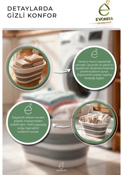 Katlanabilir Çamaşır Leğeni 25 Lt Akordiyon Sepet Yer Kaplamaz Katlanır Banyo Organizer Gri