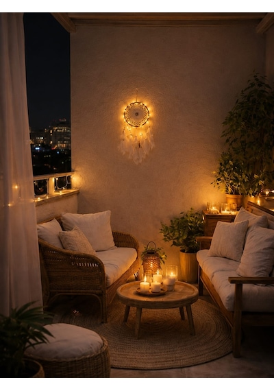 Led Işıklı Düş Kapanı Dreamcatcher Beyaz Kuş Tüyü Rüya Kapanı Duvar Süsü Elişi Beyaz