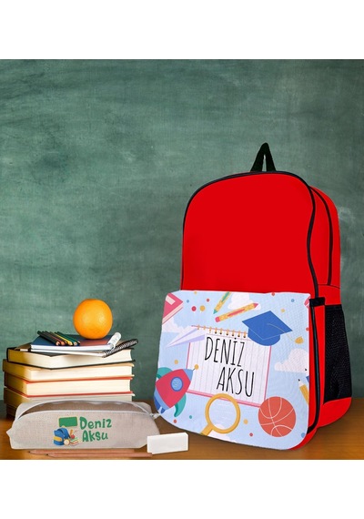 Bk Gift Kişiye Özel İsimli Kırmızı Okul Çantası Ve Kalemlik Hediye Seti-5