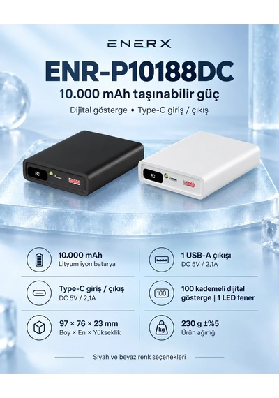ENERX Enr-p10188dc 10000 Mah 2.1 Amper Dijital Göstergeli Powerbank Beyaz