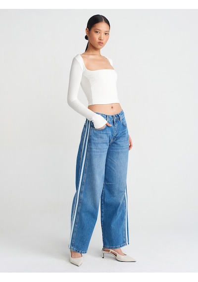 Dilvin 71755 Yanı Şeritli Balon Denim Pantolon Mavi