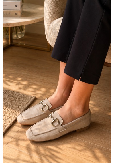 Kadın Loafer Makosen Metal Tokalı Nubuk Günlük Ayakkabı Bej