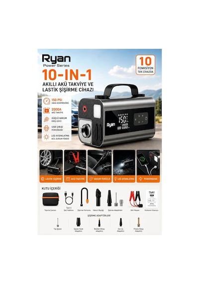 Bagajon Ryan Ry-p10 2000a Süpürgeli Akü Takviye + 150 Psı Lastik Şişirme 10'u 1 Arada Üfleme, Powerbank, Led Fener