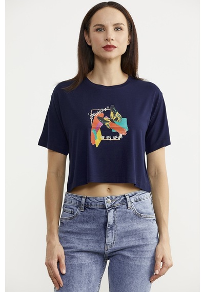 Oversize Baskılı Crop Tişört - Lacivert Çok Renkli