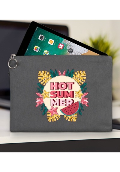 Bk Gift Yaz Temalı-8 Antrasit Tablet Çantası 30x21cm, Apple iPad Uyumlu Çantası, Baskılı Tablet Kılıfı Kılıf