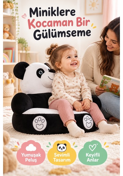Panda Peluş Minder 45 Cm Siyah Beyaz Çocuk Koltuğu Yumuşak Oturma Minderi Oyun Ve Kitap Köşesi Evde Çok Renkli