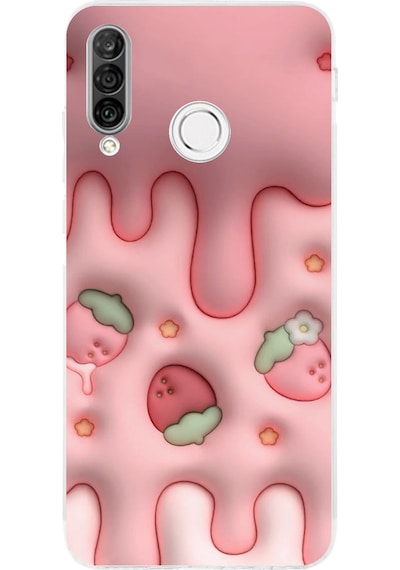 Huawei P30 Lite Uyumlu Çilekli Pasta Baskılı Silikon Kılıf Renkli