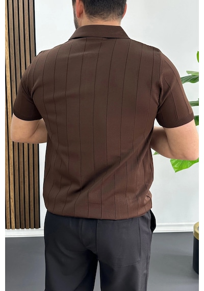 Erkek Slim Fit Fermuarlı Polo Yaka Tişört Kahverengi Edw452 Kahverengi
