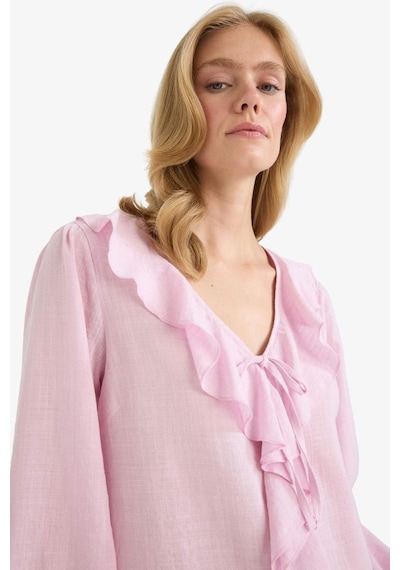 Defacto Regular Fit V Yaka Volanlı Pamuklu Uzun Kollu Bluz F9336ax25aupn96 Pembe